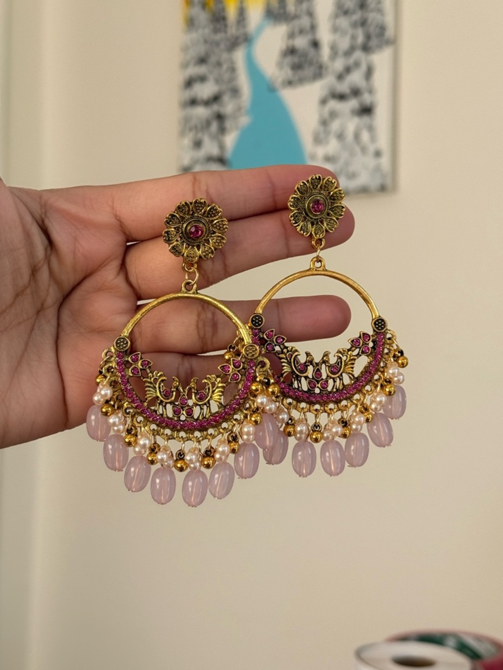 Gold-Tone Pink Bead Chandbali Earrings
